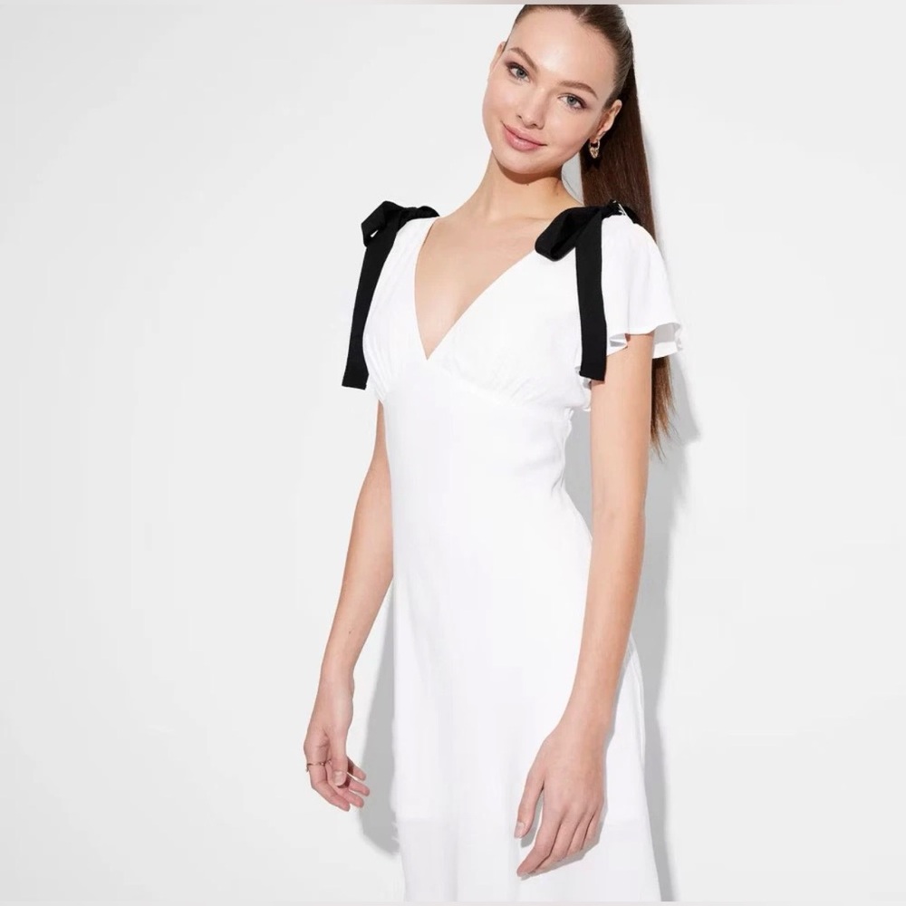 NWT Wild Fable White Flutter Short Sleeve Mini A-Line Dress, Bow Accents, V-Neck - Picture 4 of 11